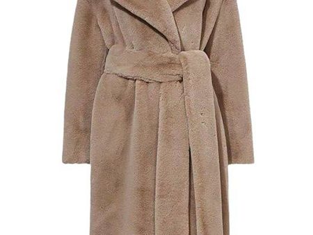 Khaki Faux Fur Shearling Long Open Front Coat with Belt on Sale