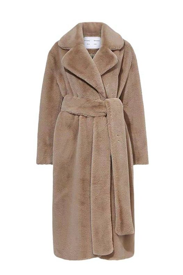 Khaki Faux Fur Shearling Long Open Front Coat with Belt on Sale