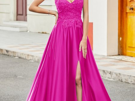 Fuchsia A Line Spaghetti Straps Long Prom Dress with Appliques For Discount