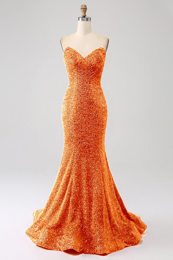 Orange Mermaid Sweetheart Sweep Train Prom Dress With Sequins For Discount