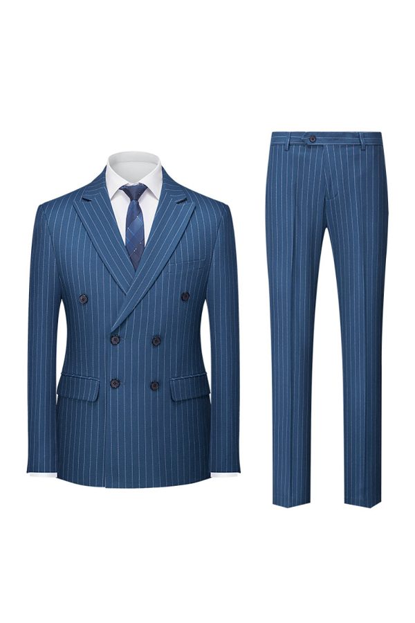 Navy Pinstriped Peak Lapel 2 Piece Men s Formal Suits For Sale