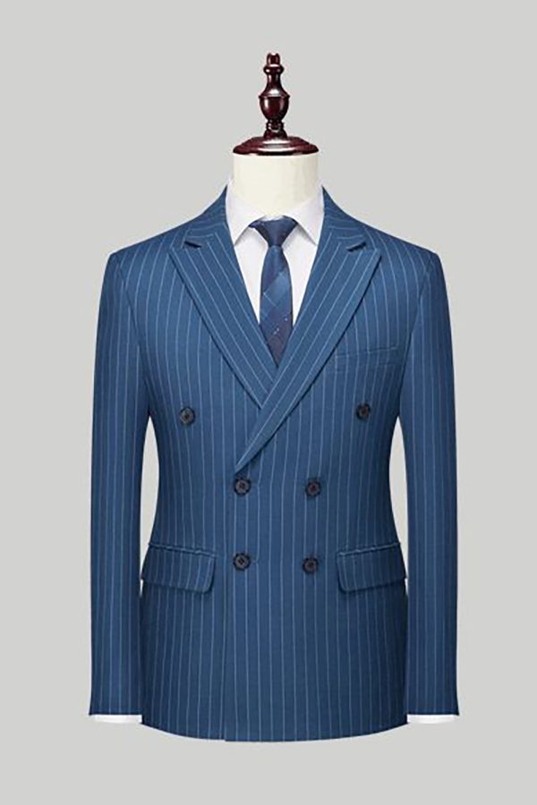 Navy Pinstriped Peak Lapel 2 Piece Men s Formal Suits For Sale