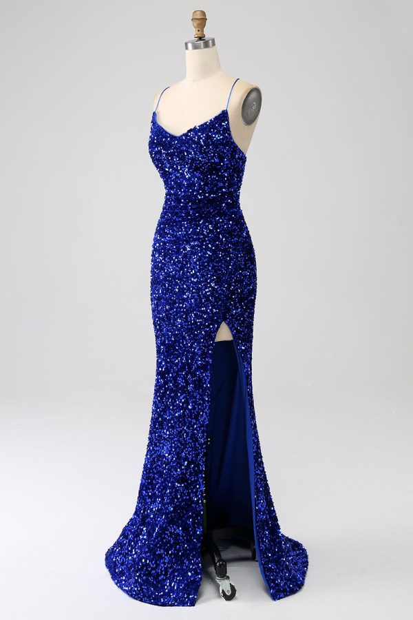 Sparkly Royal Blue Mermaid Spaghetti Straps Sequin Long Prom Dress With Split For Sale