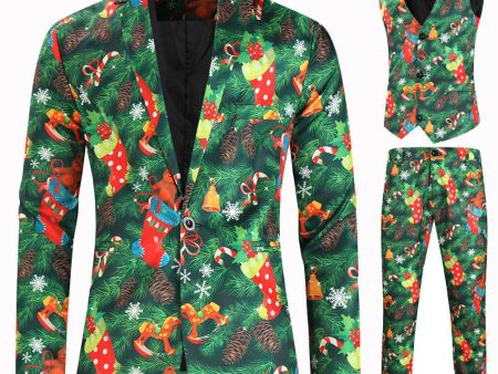 Green Printed 3 Piece Notched Lapel Christmas Men s Suits For Cheap