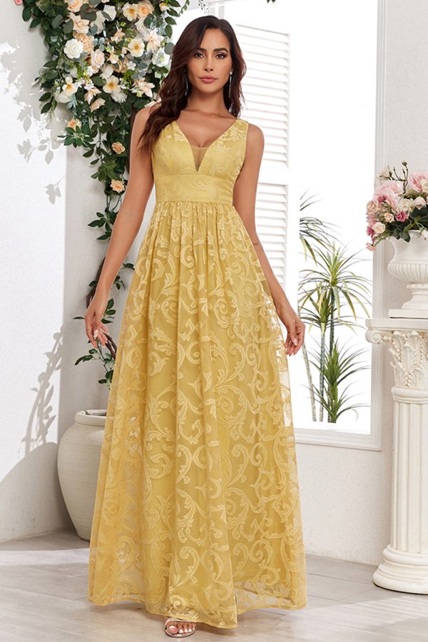 Yellow V-Neck Long Prom Dress With Appliques Supply