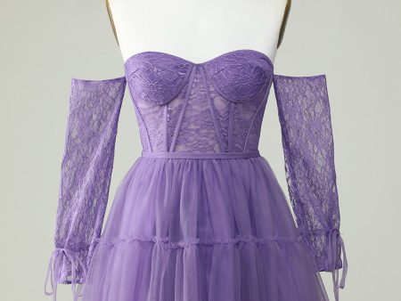 A Line Off the Shoulder Purple Corset Homecoming Dress with Long Sleeves Online Hot Sale