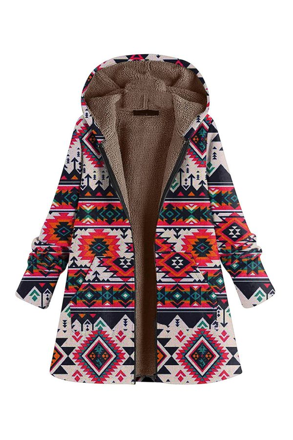 Navy Fleece Hooded Long Sleeves Printed Women Christmas Coat For Discount