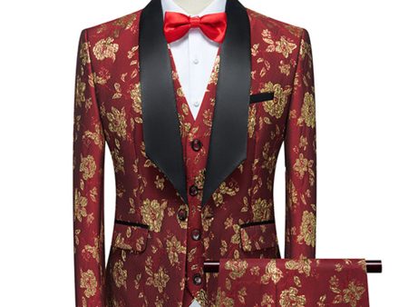 Red Jacquard Shawl Lapel 3 Pieces Men s Suits For Cheap