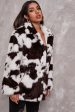 White Cow Pattern Midi Faux Fur Shearling Coat on Sale