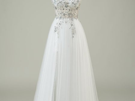 Gorgeous A Line Spaghetti Straps White Tulle Long Wedding Dress with Beading Online now