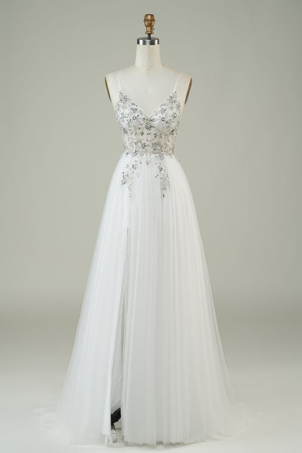 Gorgeous A Line Spaghetti Straps White Tulle Long Wedding Dress with Beading Online now