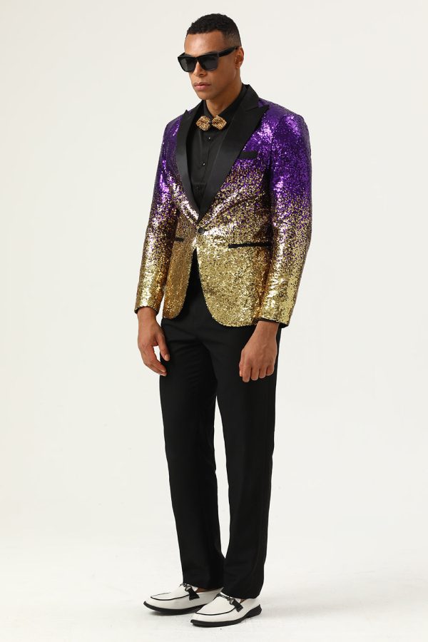 Sparkly Purple and Golden Sequins Men s Prom Blazer Fashion