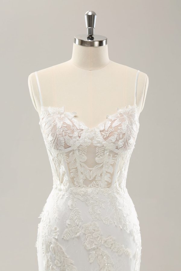 White Mermaid Spaghetti Straps Applique Lace Corset Wedding Dress with Lace-up Back Online Hot Sale