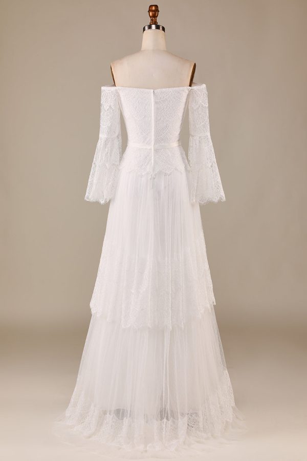 A Line Off the Shoulder Ivory Sweep Train Flare Sleeves Wedding Dress on Sale