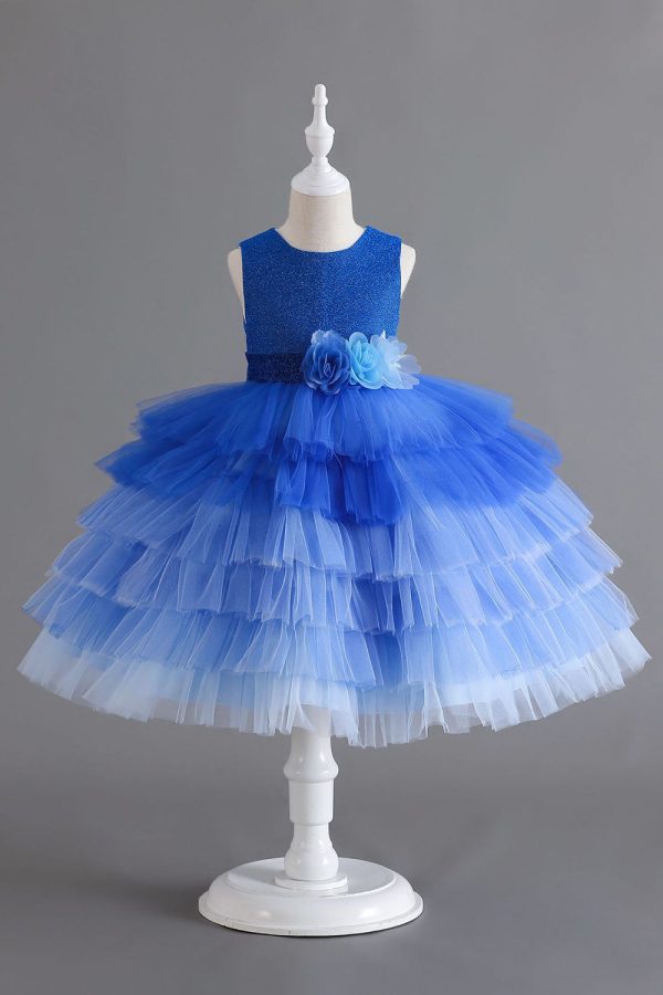 Royal Blue Sleeveless A Line Girls Dresses With 3D Flowers Online Hot Sale