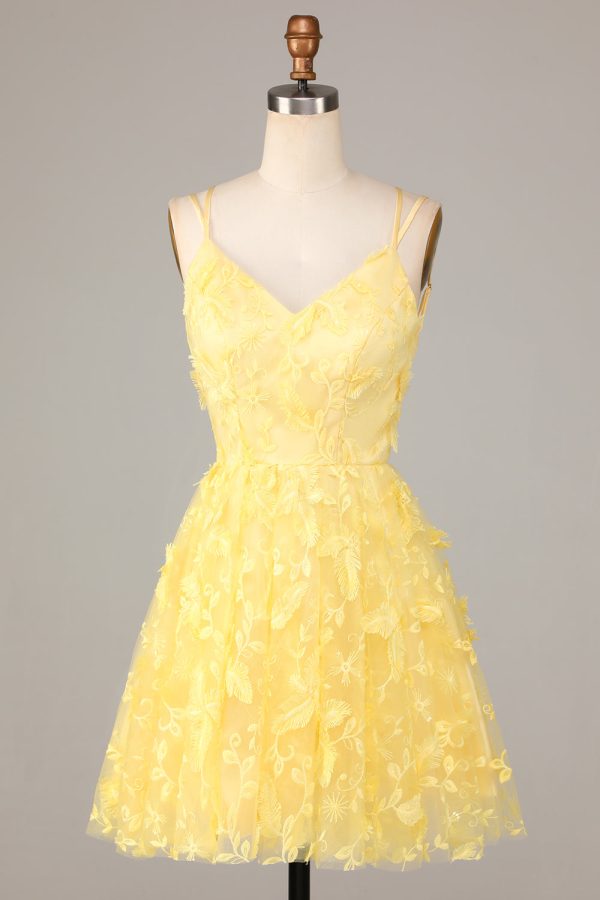 Keep Glowing A Line Spaghetti Straps Yellow Short Homecoming Dress with Appliques Online