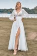 A-Line Tulle Beaded Ivory Wedding Dress with Long Sleeves Hot on Sale