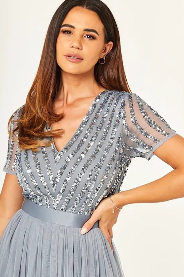 Sparkly V-Neck Grey Formal Dress with Short Sleeves Discount