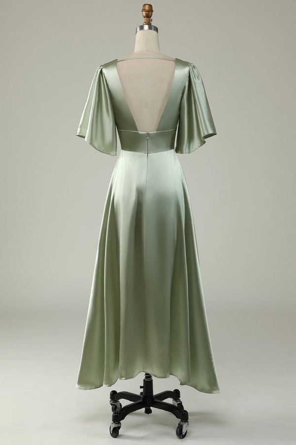 A Line Deep V Neck Light Green Bridesmaid Dress with Half Sleeves Supply