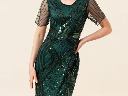 Sheath Round Neck Dark Green Beaded 1920s Flapper Dress with Tassel on Sale