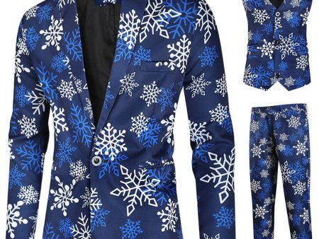 Blue Snowflake Printed 3 Piece Men s Christmas Party Suits For Discount