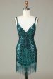 Sparkly Bodycon Spaghetti Straps Green Lace-Up Back Short Homecoming Dress with Beading Online Sale