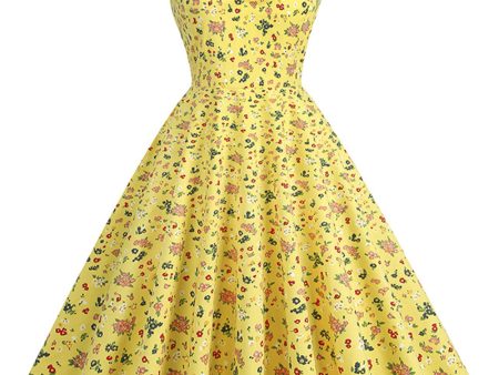 Yellow Printed Sleeveless Straps Vintage Dress Supply