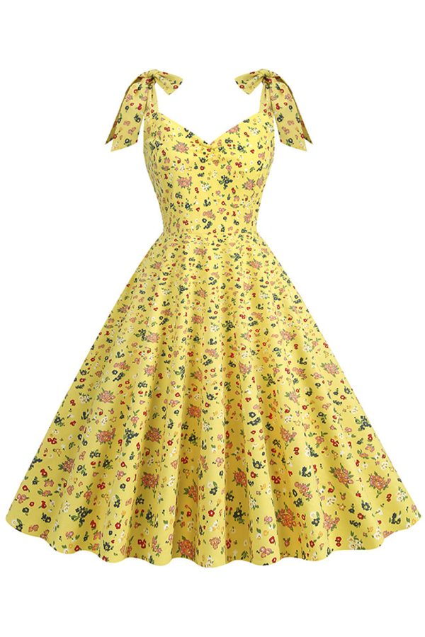 Yellow Printed Sleeveless Straps Vintage Dress Supply