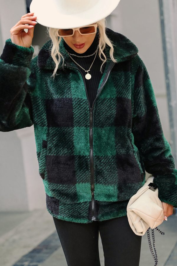 Green Plaid Zipper Fuzzy Jacket Winter Coat Fashion