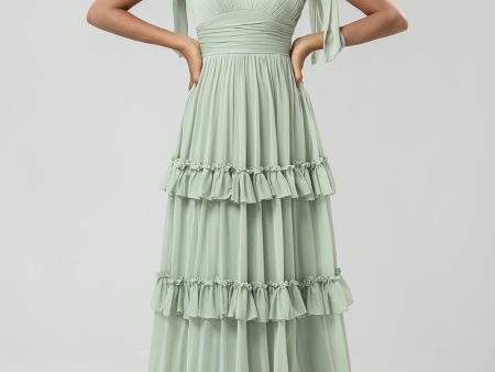 A Line Chiffon Green Bridesmaid Dress with Pleated Online now