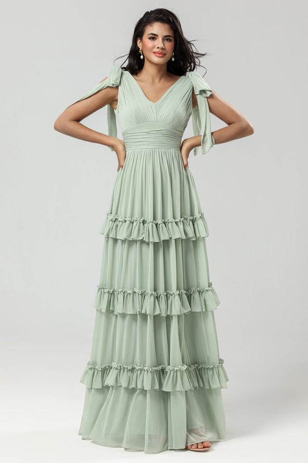 A Line Chiffon Green Bridesmaid Dress with Pleated Online now