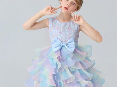 Blue Tulle Tiered Girls  Dress with Bows Fashion