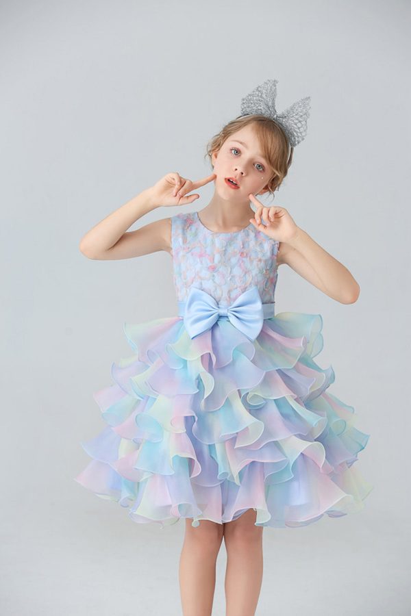 Blue Tulle Tiered Girls  Dress with Bows Fashion