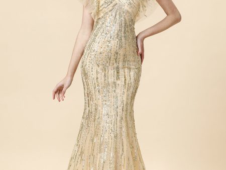 Mermaid V Neck Golden Beaded Long Formal Dress Discount