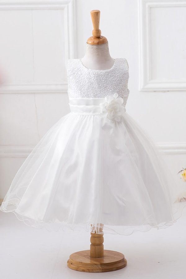 Sequins Sleeveless White Girls Dresses with Bowknot For Cheap