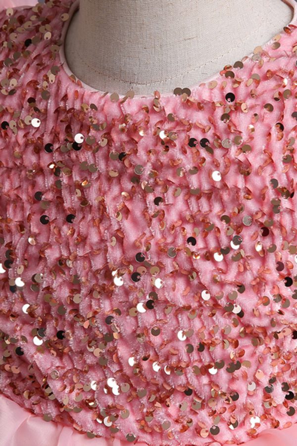 Puff Sleeves Pink Sequined Girls Dresses With Bow For Sale