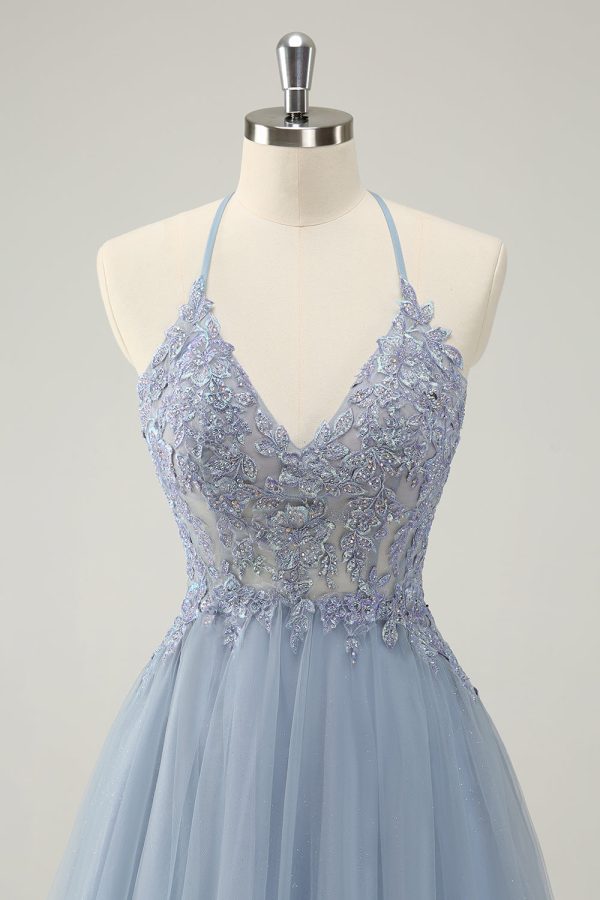 Sparkly Dusty Blue A Line Halter Homecoming Dress with Appliques Fashion