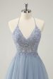 Sparkly Dusty Blue A Line Halter Homecoming Dress with Appliques Fashion