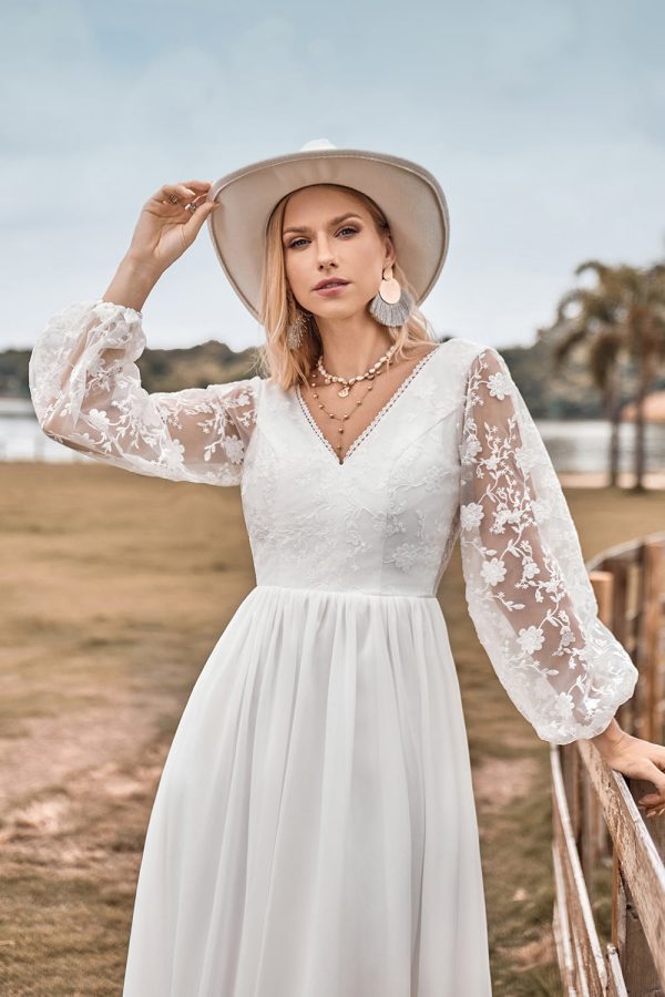 A Line V Neck Ivory Chiffon Sweep Train Boho Wedding Dress with Lace Discount