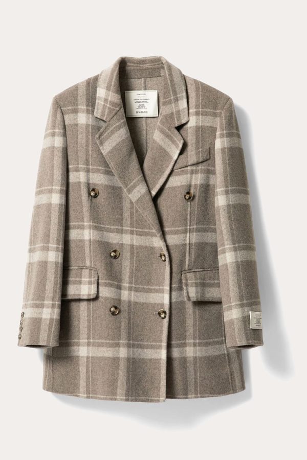 Khaki Plaid Notched Lapel Double Breasted Women Wool Coat For Discount