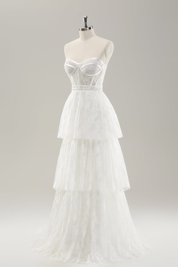 Elegant White Strapless Corset Tiered Long Wedding Dress with Lace on Sale