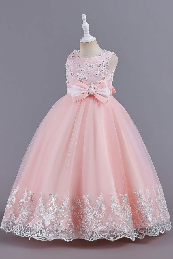 Pink Sleeveless Round Neck Applique Girls Dresses With Bowknot Hot on Sale