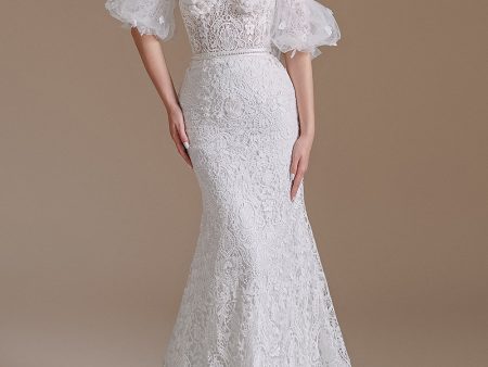 White Mermaid Lace Detachable Puff Sleeves Sweep Train Bridal Dress Discount