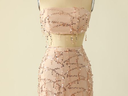 Two Piece Sequins Strapless Pink Homecoming Dress Online Sale