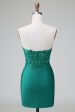 Dark Green Tight Deep V Neck Satin Strapless Short Homecoming Dress with Appliques Sale