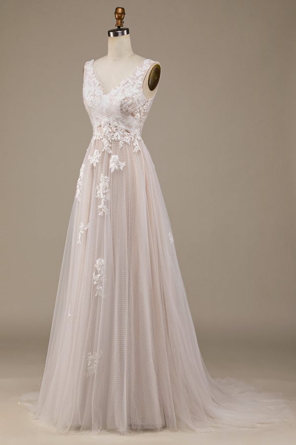 Apricot Tulle Sweep Train Wedding Dress with Lace Fashion