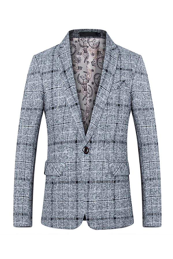 Grey Grid Notched Lapel Men s Blazer For Discount