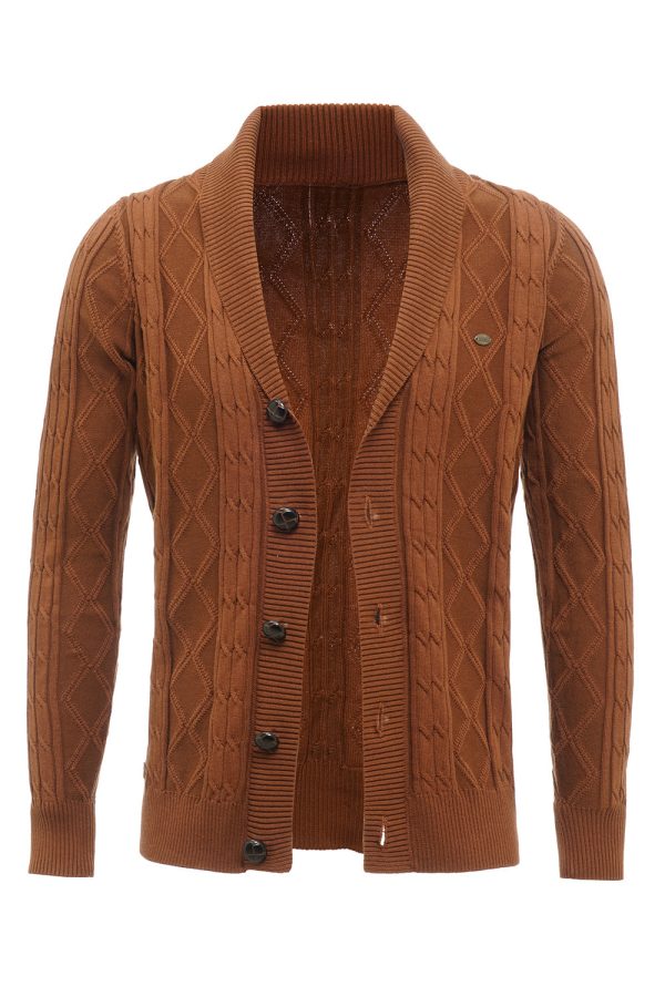 Brown Cable Knitted Long Sleeves Men s Cardigan Sweater Fashion