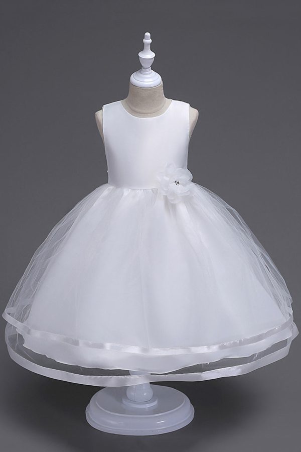 Boat Neck Tulle White Girls Dresses with Bow For Cheap