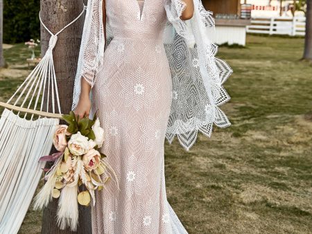 Ivory and Champagne Lace Boho Wedding Dress With Cape For Sale